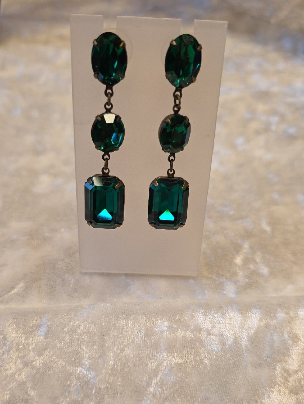 Sparkling Emerald Green Three-Stone Drop Earrings-Party, Evening Wear